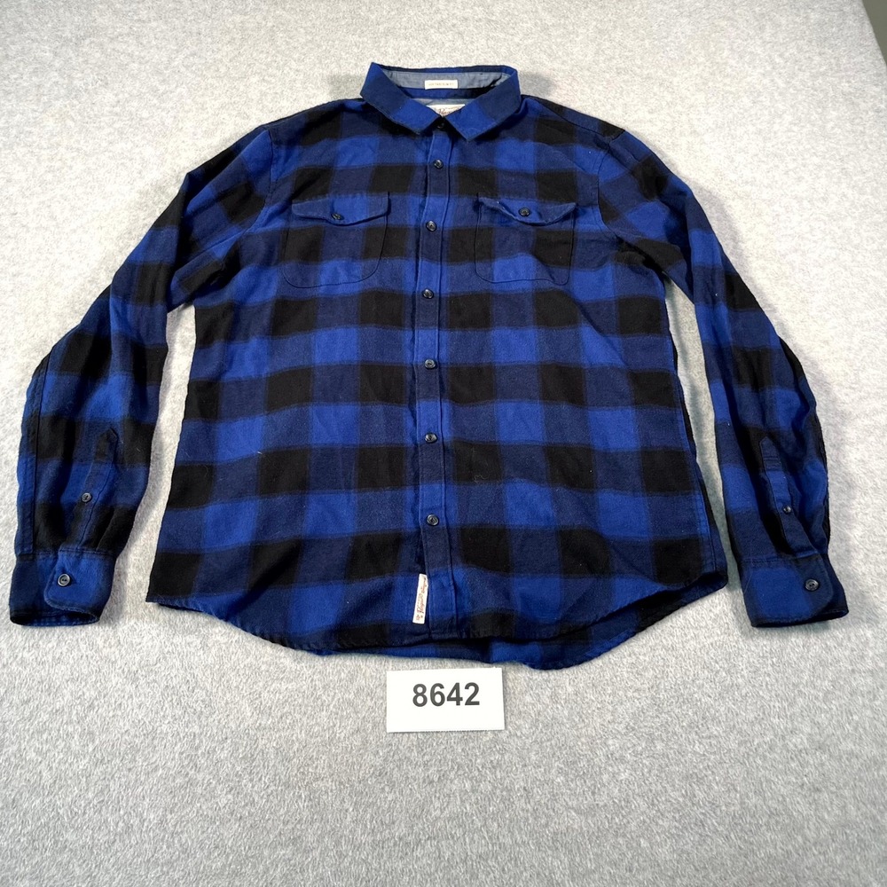 Original Penguin Flannel Shirt Mens L Blue Black Buffalo Plaid Heritage Slim Fit